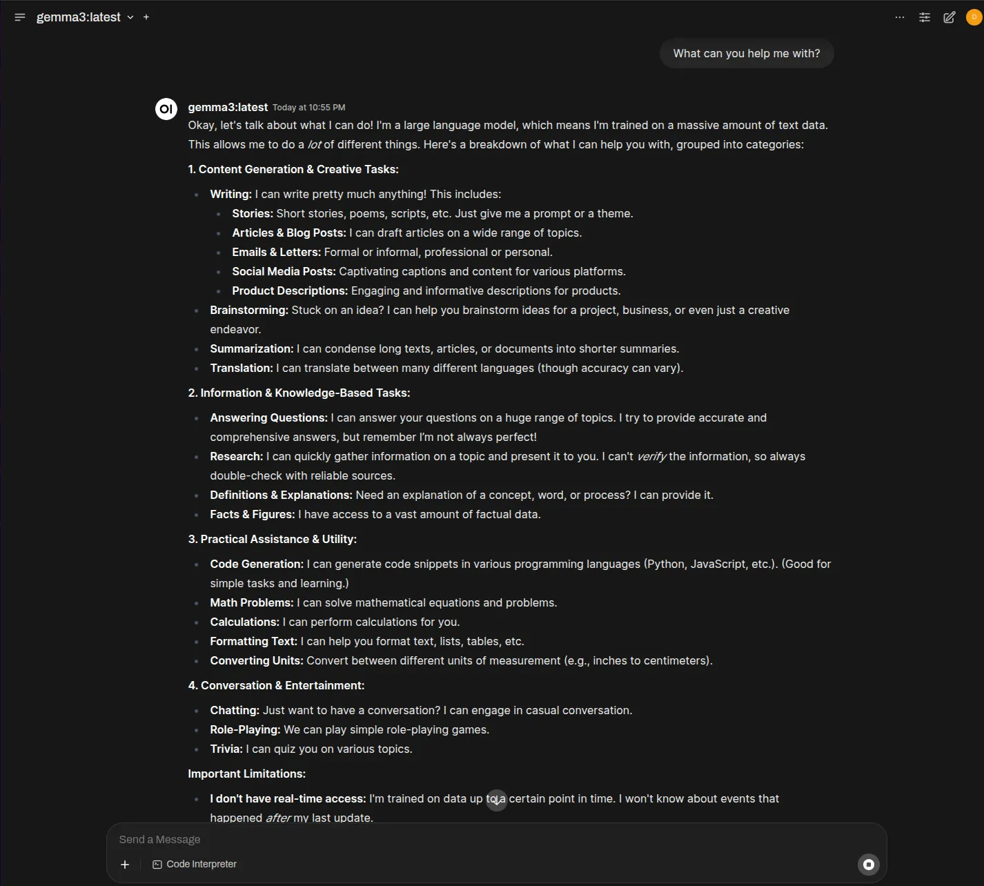 Screenshot of the response from gemma3:latest using Open WebUI