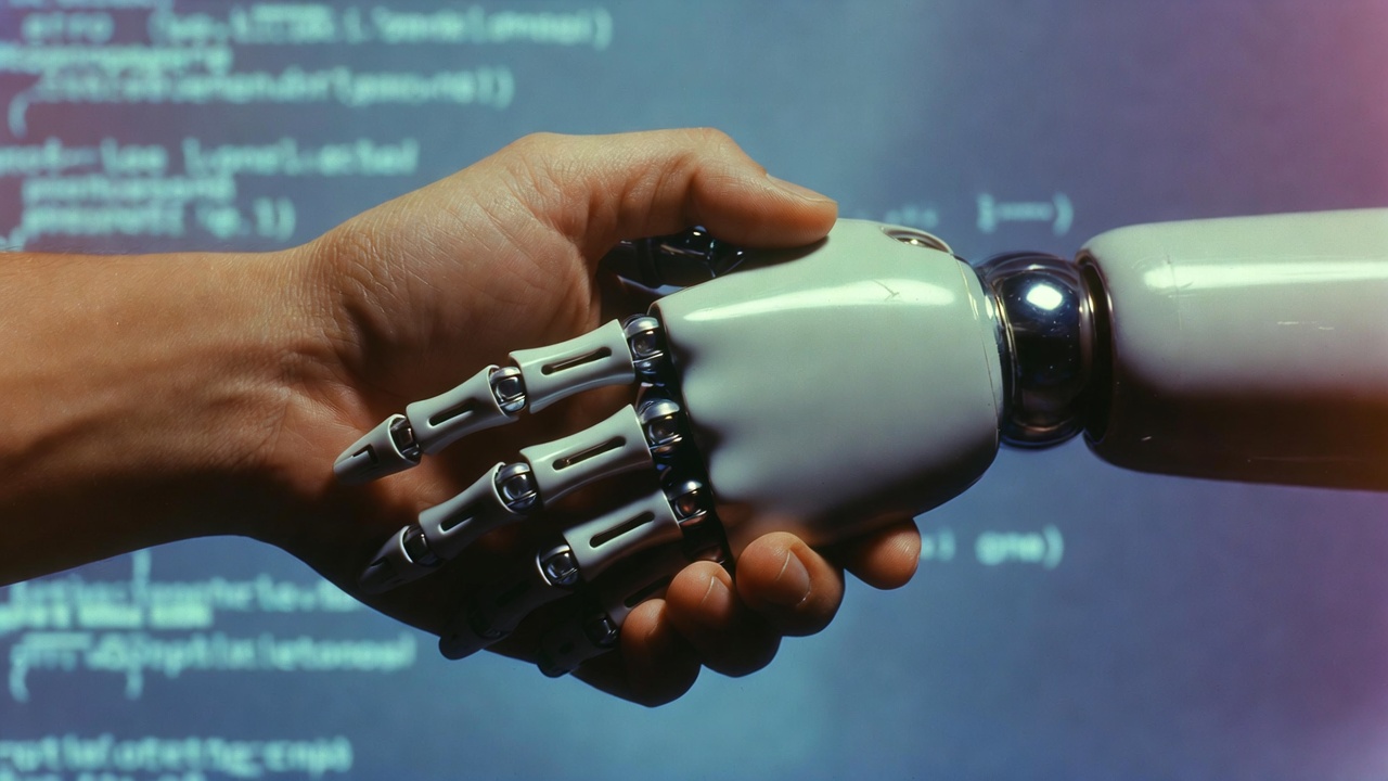 A human and a robot handshaking, software code in the background